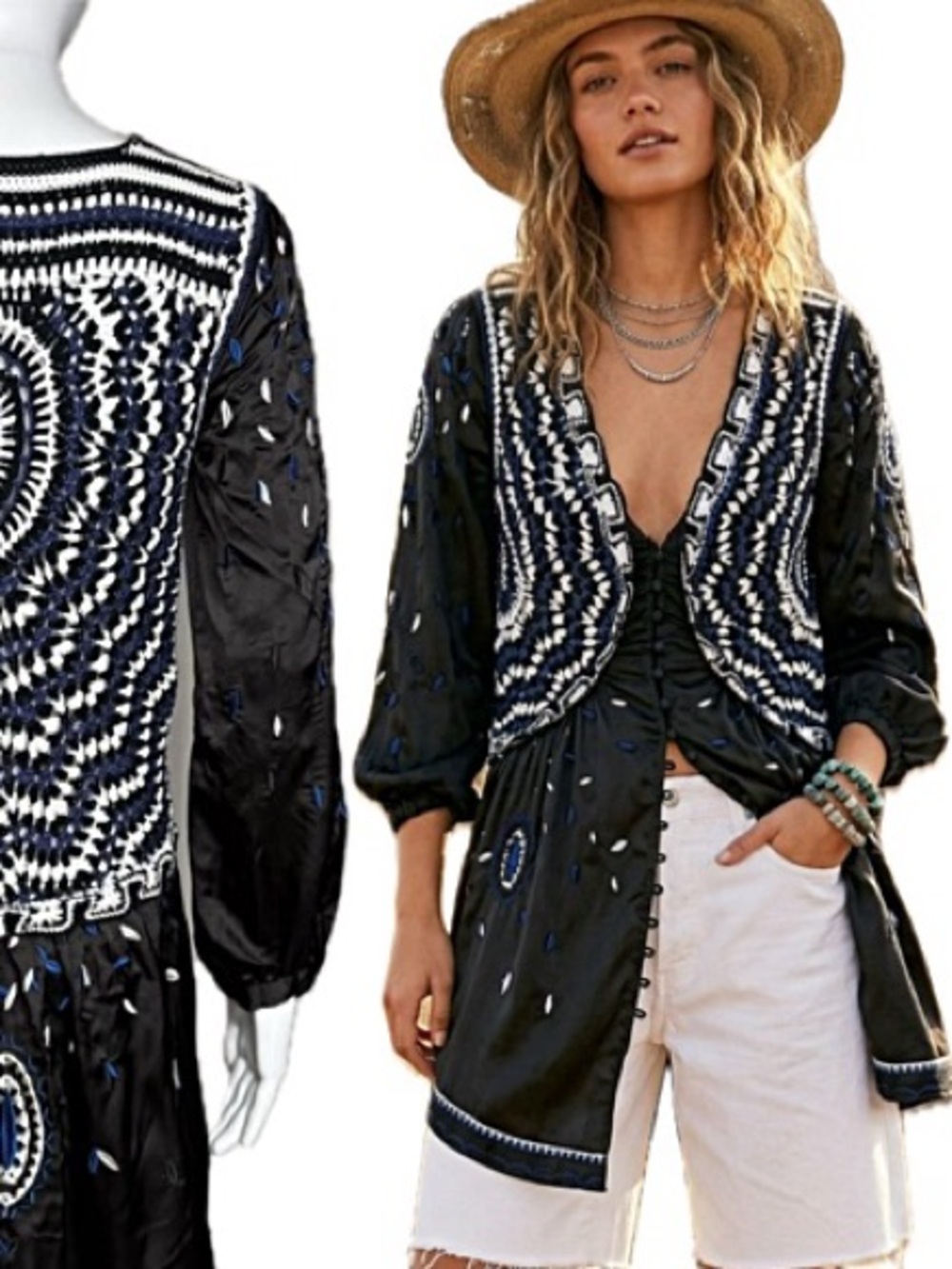 Black Satin Embroidered Crochet Knit Mix Button Front Long Sleeve Dress Size M